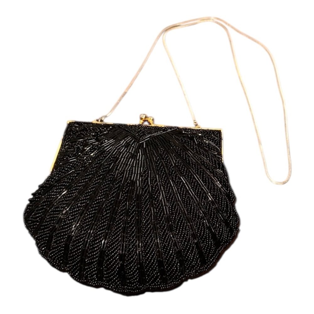 Vintage Andre Cellini Clamshell Beaded Kiss Lock Framed Clutch Mini Chain Strap